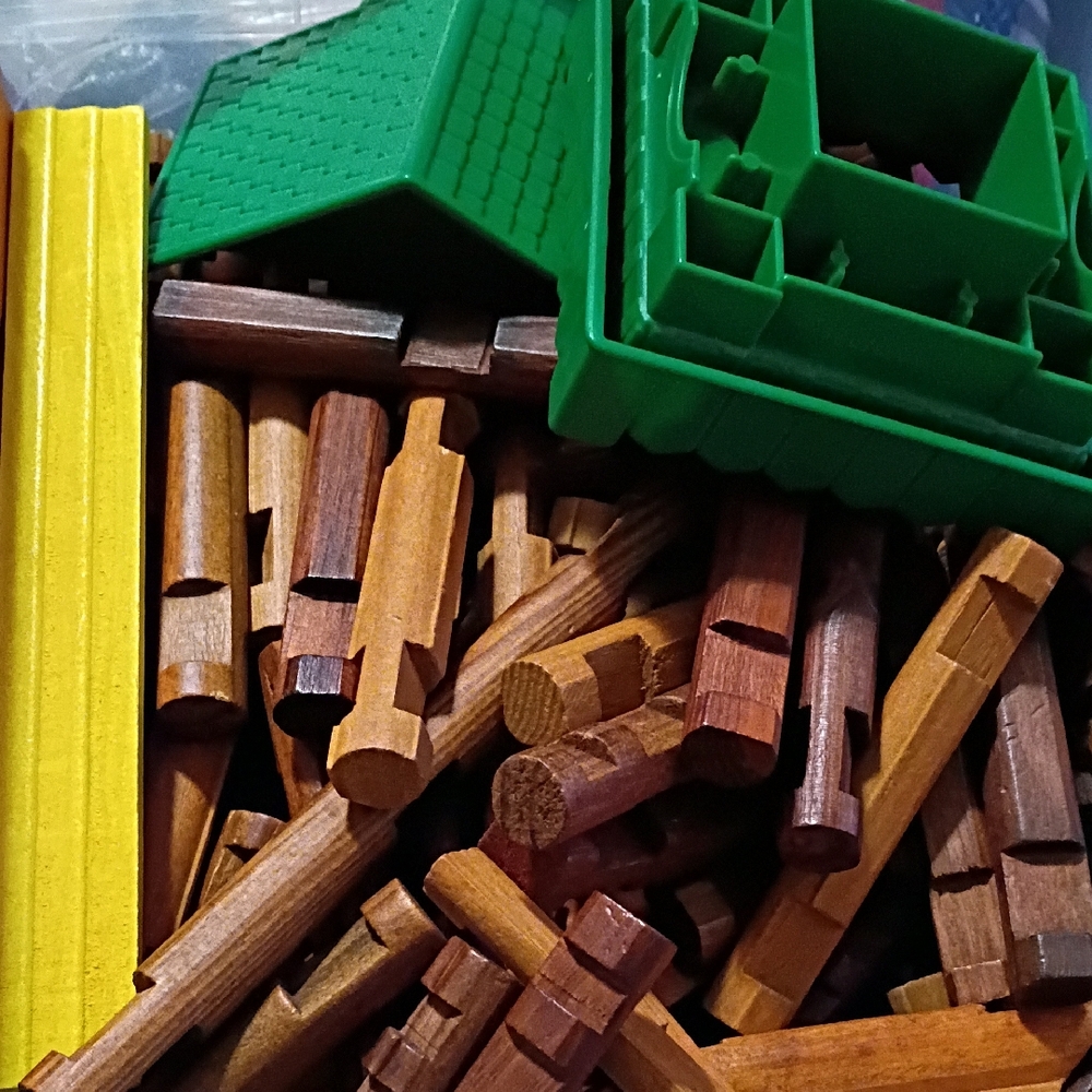 Wooden Building Set with Brown, Green and Yellow Pieces